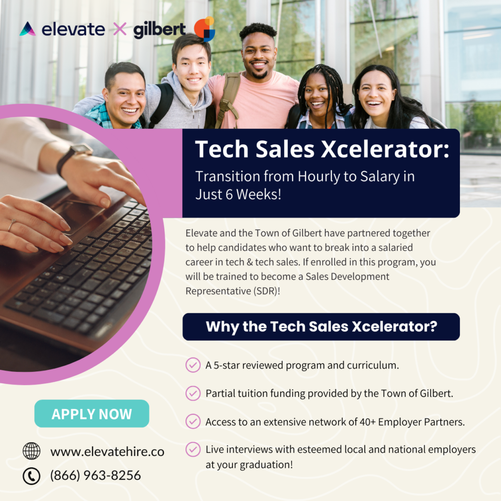 Group of students looking forward. Information on Elevate technology sales program.